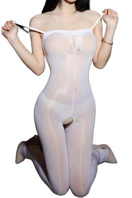 Bodystocking nylonowy biały – efekt drugiej skóry otwarty krok
