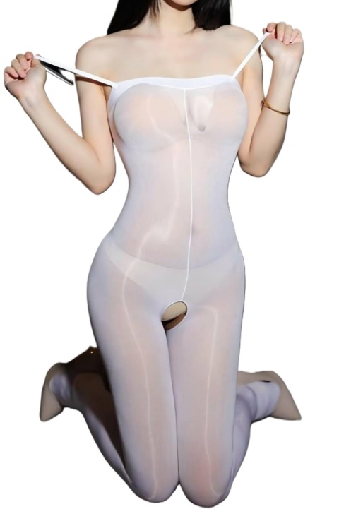 Bodystocking nylonowy biały – efekt drugiej skóry otwarty krok
