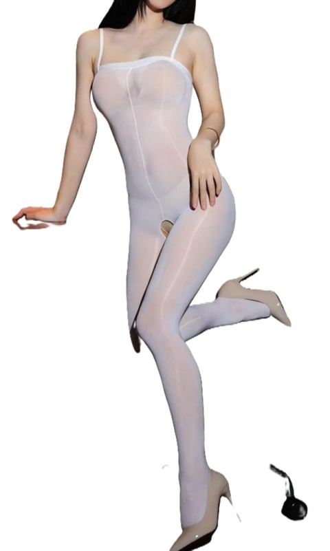 Bodystocking nylonowy biały – efekt drugiej skóry otwarty krok