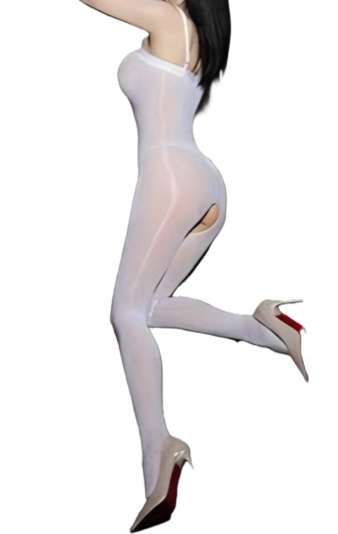 Bodystocking nylonowy biały – efekt drugiej skóry otwarty krok
