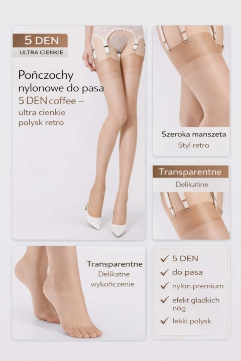 Pończochy nylonowe 5 den ultra cienkie, jasno brązowe Retro Vintage