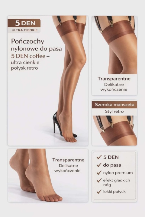 Pończochy nylonowe 5 den ultra cienkie, brązowe Retro Vintage