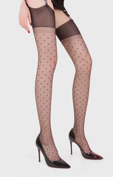 Pończochy nylonowe do pasa czarne kropki retro vintage