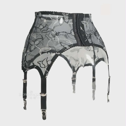 Pas do pończoch czarny haft kwiatowy elegancki regulowany sexy lingerie Vintage