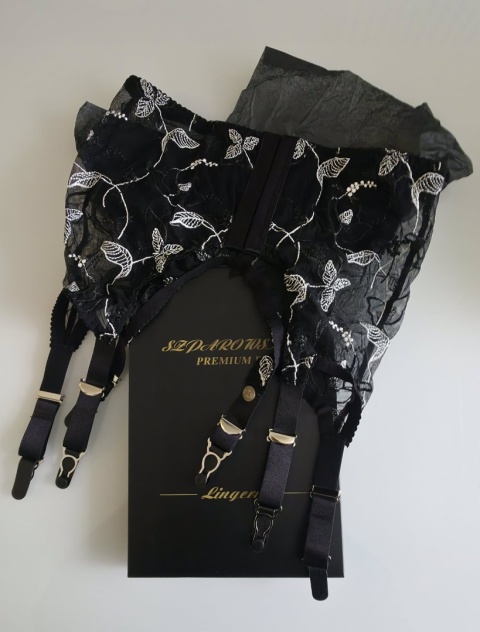 Pas do pończoch czarny haft kwiatowy elegancki regulowany sexy lingerie Vintage